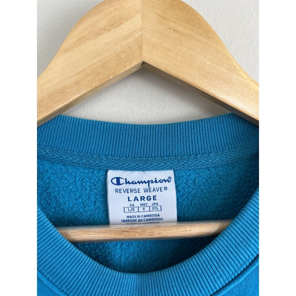 Champion Reverse Weave Arm Spell Out Crew Neck Sweatshirt Aqua Size Large - Picture 2 of 9